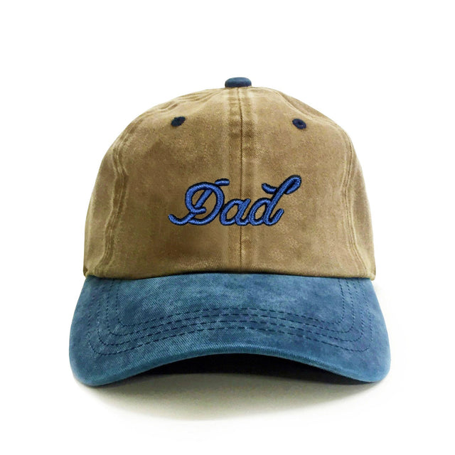 Dad Two-Tone Tan 6-Panel Dad Hat – cotton adjustable baseball cap, embroidered Dad logo, comfortable everyday golf hat, gift for dads