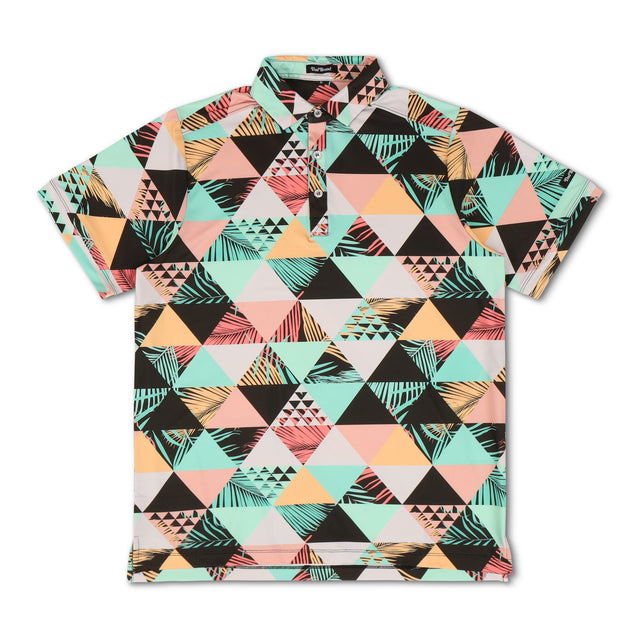 Scottsdale Polo Shirt – Lightweight geometric dad polo with colorful retro print, 4-way stretch & moisture-wicking. Golf polo & best dad gift.