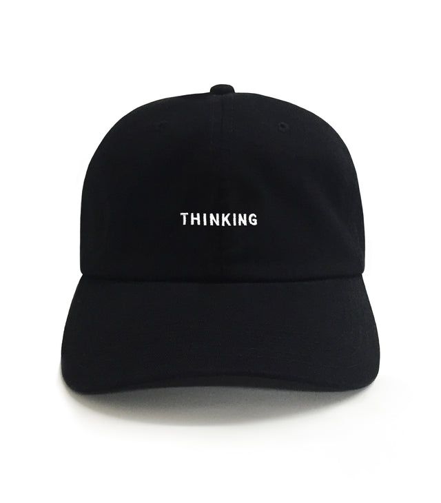 Thinking Dad Hat – Black embroidered 6-panel cotton dad hat with “THINKING” text. Funny meme hat & best gift for dads.