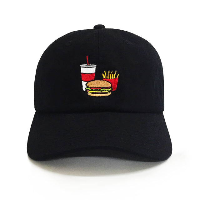 Cheeseburger Hat – Black embroidered 6 panel dad hat with burger, fries, and soda design. Funny gift for dads from Dad Brand.