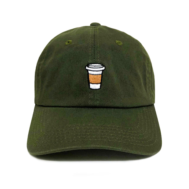 Coffee Dad Hat Olive Green – 6-panel cotton dad hat with embroidered coffee cup, adjustable strap, funny dad hat & coffee lover gift