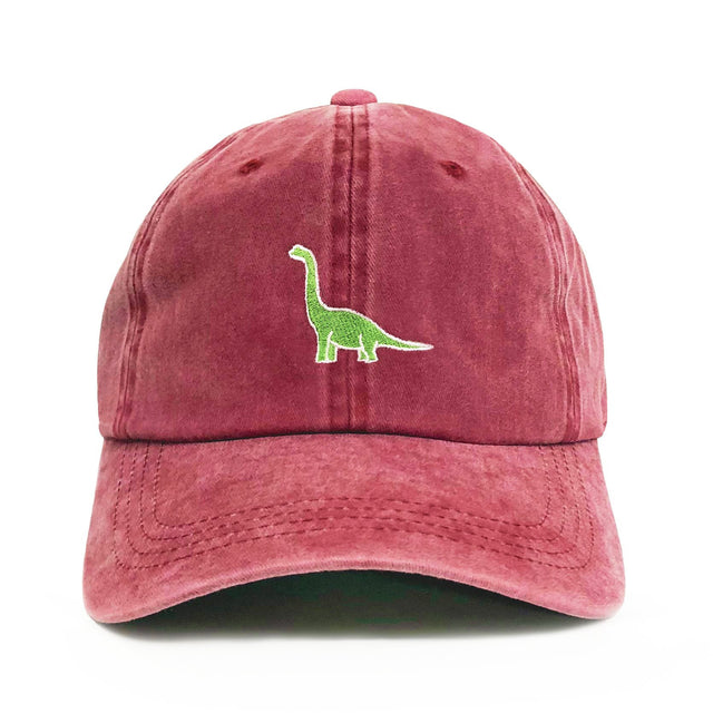Dinosaur Dad Hat – Washed red 6-panel embroidered hat with green dinosaur design. Funny dad gift by Dad Brand.