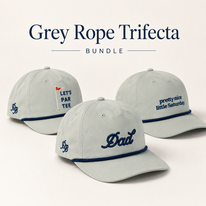 Gray and navy Dad rope hat, Let's Par Tee golf rope hat, and Pretty Nice Little Saturday rope hat bundle