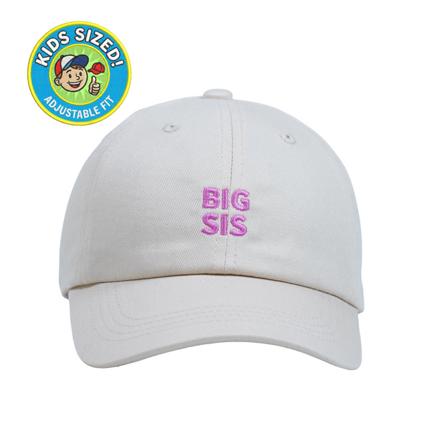 Big Sis Kid’s Hat – Light cream embroidered kids cap with “Big Sis” text. A cute sister keepsake gift from Dad Brand.